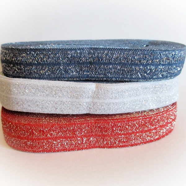 15 Yards FOE Elastic in 3 Colors with Silver Glitter | Red White Blue | 15mm 5/8" Fold Over Elastic | For Headband Hair Ties Face Masks Trim