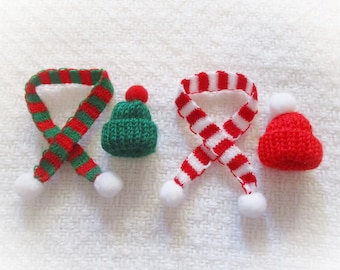 Mini Christmas Knit Doll Hat and Scarf Set: Striped Acrylic Yarn