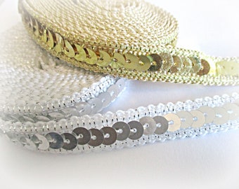 2 Yards Sequin Trim | Silver and Gold Sequin Ribbon | Beaded Trim | Art Crafts Doll Clothes Quilting Sewing Gift Wrap Card Making Hair Bows