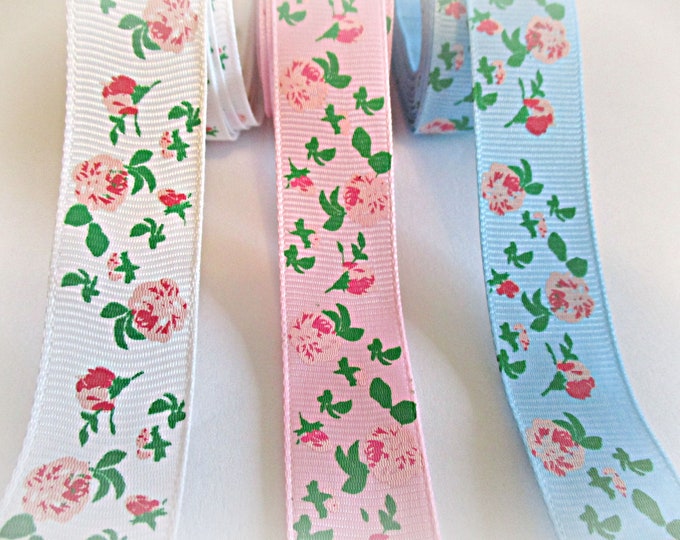 Floral Grosgrain Ribbon: 3-yards Pastel Pink, Blue, White Rose Print - Etsy