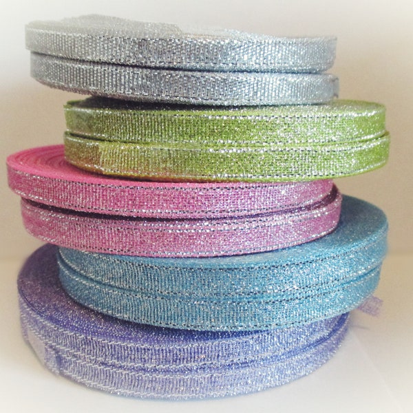 10 Yards Glitter Ribbon | Silver Edge Metallic Ribbon Blue Pink Purple Silver Gold | Art Crafts Doll Clothes Sewing Gift Wrap Card Hair Bows