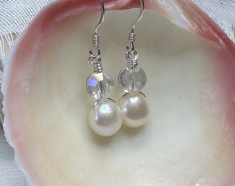 Real pearl earrings, white crystal and sterling silver, dainty pearl earrings, Bridal earrings, easy to wear earrings, best friend gift idea