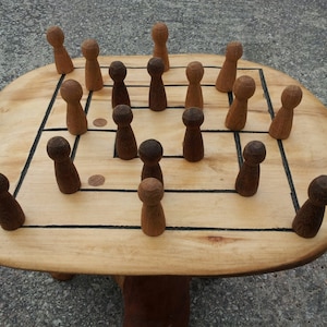 Nine men&#39;s Morris game table, hand made wooden game and table, reclaimed wooden furniture,