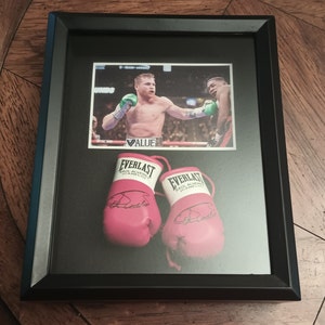 May include: A framed photo of two boxers in a boxing ring, with a pair of pink boxing gloves signed by Saul Alvarez "Canelo" in the foreground. The gloves are labeled "Everlast" and "Saul Alvarez (Canelo)".