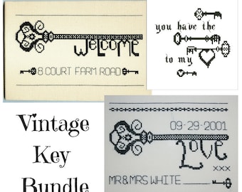 Vintage Key, bundle of three designs- Counted Stitch Chart.  Download