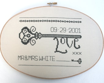 Vintage Key &#39;Love&#39;, Wedding and Aniversary Wedding Sampler - Cross Stitch - PDF Download