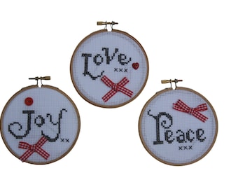 Love, Joy ans peace, christmas ornimament,  Cross Stitch chart - PDF Download, with a finishing tutorial