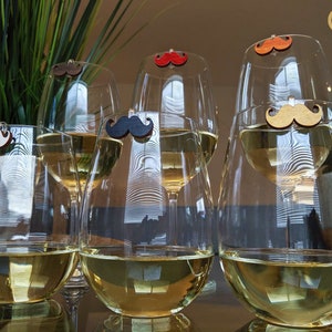 Mustache Wine Charms: Birch Wood Drink Markers, Set of 6