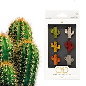 Cactus Wine Glass Clips (Set of 6) - Wine Charms / Drink Markers by Claim Your Glass for Hostess, Housewarming, Holiday, Birthday Gift