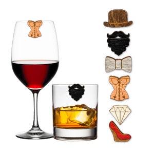 His & Hers Wine Charms: Birch Wood Drink Markers, Set of 6