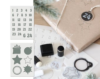 Number template for Advent calendars - Christmas template with Christmas baubles and stars, DIY paper bags, crafting gift tags