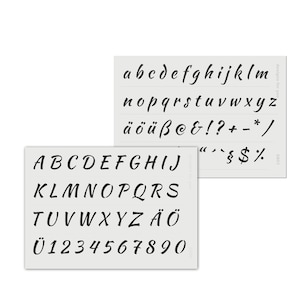 2 Schablonen mit Buchstaben, Zahlen, Sonderzeichen | Schriftschablonen mit Hilfslinien | für Bujo, Namensschilder, Hochzeit, Karten, DIYs