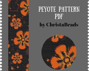 Beading Pattern Peyote Stitch Bracelet Flowers patterns Orange Peyote Bracelet Pattern Flowers pattern for odd peyote Seed Bead Cuff