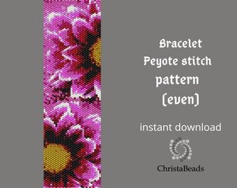 Peyoted beaded pattern - Bracelet Pattern Pink Flowers - Even count, Seed Bead Pattern, Miyuki Delica, Beadwoven Bracelet