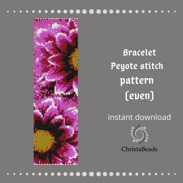 Peyoted beaded pattern - Bracelet Pattern Pink Flowers - Even count, Seed Bead Pattern, Miyuki Delica, Beadwoven Bracelet