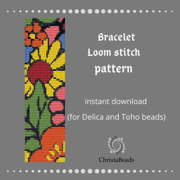 Pattern Loom beading Bead loom stitch bracelet pattern for Delica and Toho beads. Square beading, flowers bead loom pattern Instant Download