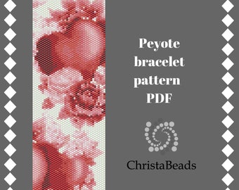 Valentine's Day peyote stitch pattern pdf Bracelet pattern peyote Hearts Flowers pattern beadwork Beading cuff pattern Love Miyuki Delica