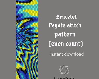 Peyote bracelet pattern Abstraction yellow blue. Beaded peyote stitch pattern, сuff bead pattern, beading bracelet tutorials.
