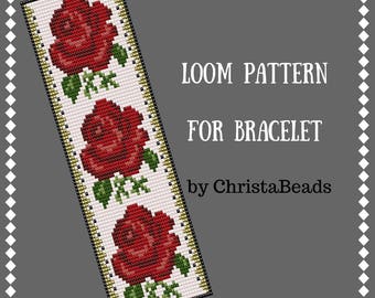 Bead loom pattern Loom pattern Rose flowers loom bracelet pattern DIY jewelry beading patterns bead pattern pdf pattern loom cuff pattern