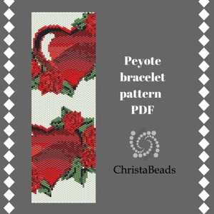 Bracelet pattern peyote Hearts Flowers pattern beadwork Valentine's Day peyote stitch pattern pdf Beading cuff pattern Love Miyuki Delica
