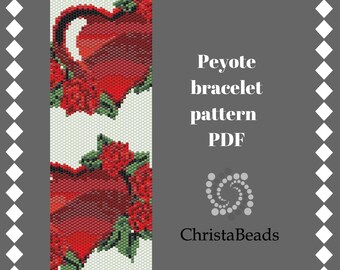 Bracelet pattern peyote Hearts Flowers pattern beadwork Valentine's Day peyote stitch pattern pdf Beading cuff pattern Love Miyuki Delica