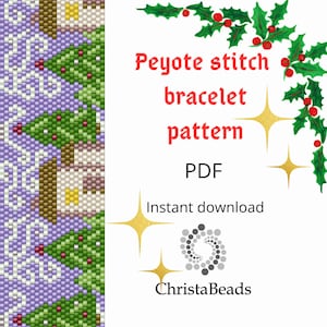 Peyote bracelet pattern Christmas houses, Beaded peyote bracelet pattern PDF, Beading Christmas pattern, Cuff bead pattern, Delica pattern