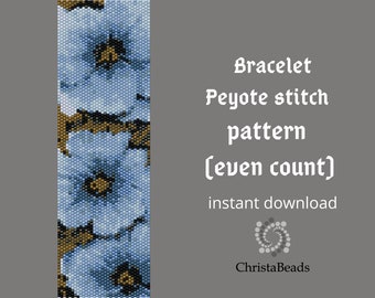 Peyote Bead Pattern, Even Count, Bead Pattern, Miyuki Delica, Bracelet Pattern, Blue Flowers Bead Bracelet, Peyote Pattern