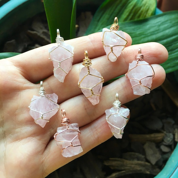 Raw Rose Quartz Wire Wrapped Crystal Necklace | Mini/Small Size