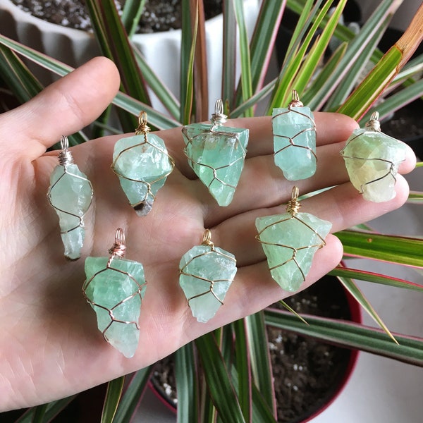 Raw Green Calcite Wire Wrapped Crystal Necklace | Small/Medium