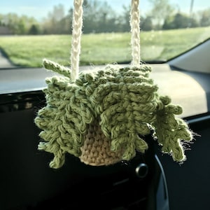 May include: A crocheted green plant hanging from a white string in a car. The plant is in a brown pot.