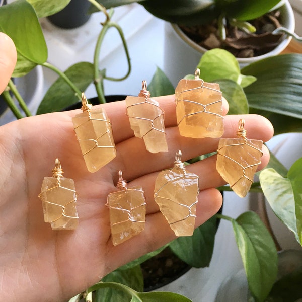 Honey Calcite Wire Wrapped Necklace | Raw Crystal