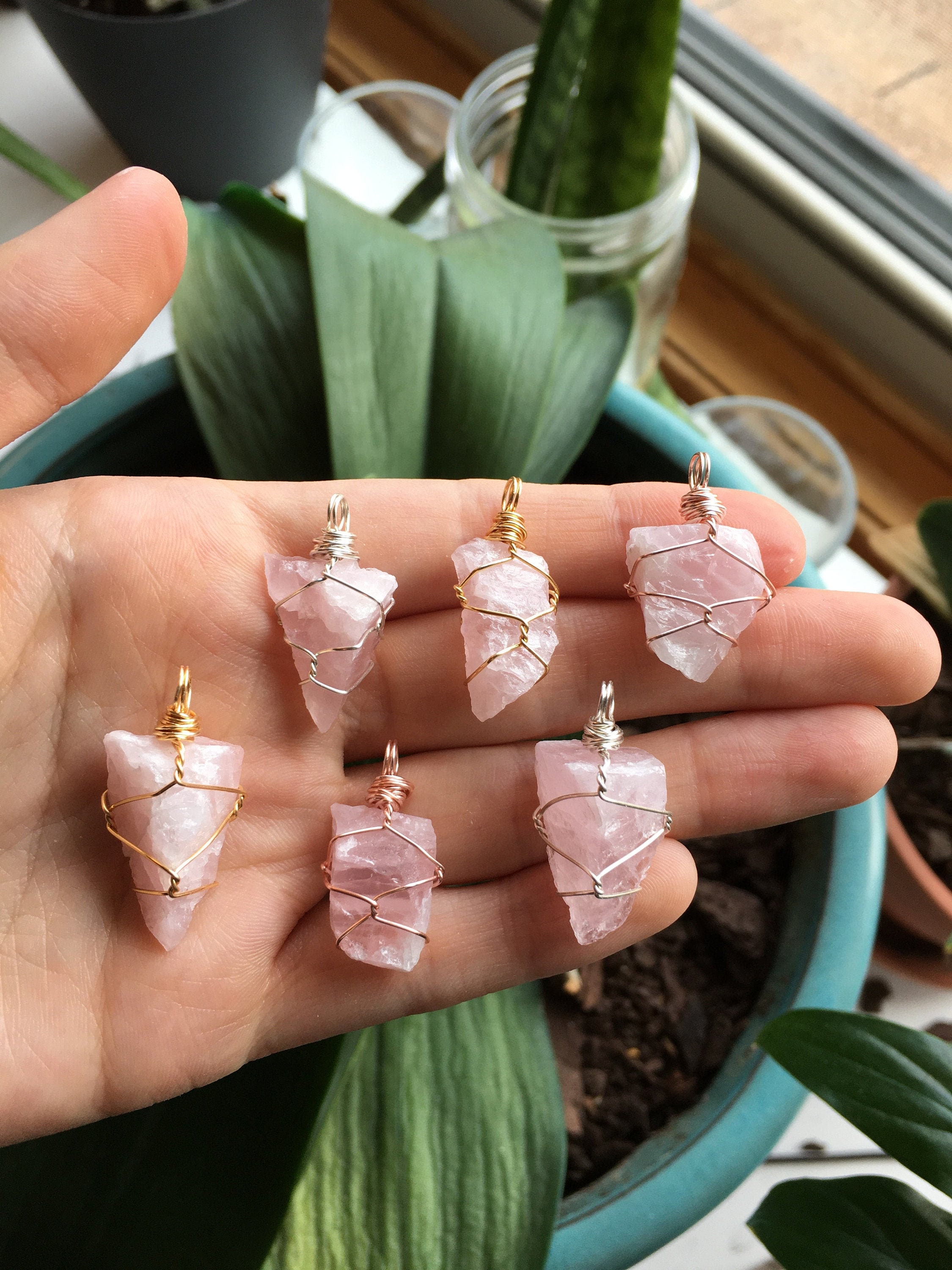 Raw Rose Quartz Wire Wrapped Crystal Necklace | Small