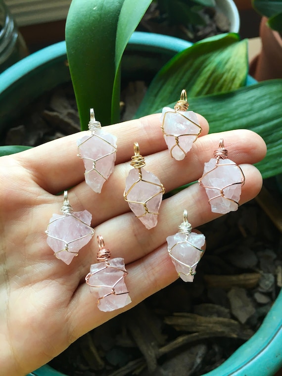 Raw Rose Quartz Wire Wrapped Crystal Necklace Mini/small Size 