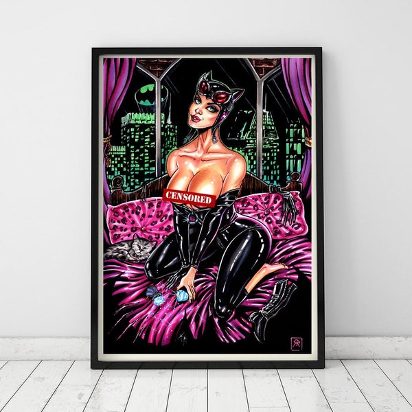 Leather Feline Woman Print - Art by Sam Rogers - A4 Poster 8.5" x 11" - Pin Up Girl - Comic Book Gift - Femme Fatale - Adult Art - Nude