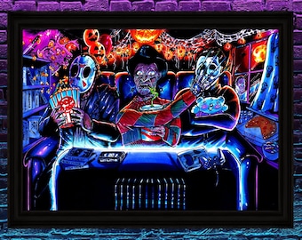 Halloween Slasher Slumber Party 80's Horror Trio A4 Poster - Artwork by Sam Rogers - Room Decor Evil Dead, Kruger, Voorhees, Myers