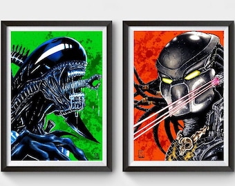 Alien Vs Predator Hand-Drawn Art Prints – Sci-Fi Horror Decor