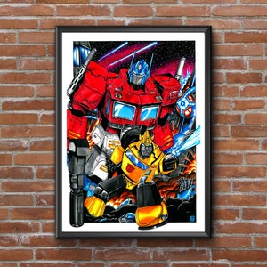 Transformers - Optimus Prime y Bumblebee - Póster de película de dibujos animados (A4/A3) - Decoración de pared para el hogar - Arte de Sam Rogers