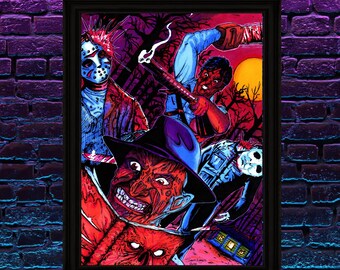 Classic 80's Horror Mash up HALLOWEEN Poster A4 / A3 Artwork by Sam Rogers - Movie Evil Dead, Freddy kruger, Michael Myers, Jason Vorhees