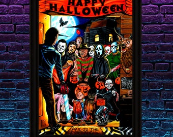 Halloween Horror Movie Mash- Up Poster A4 / A3 - Artwork by Sam Rogers - Evil Dead Saw, Scream, Freddy Kruger, Michael Myers, Chucky
