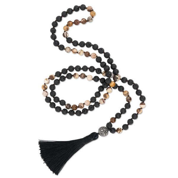 BENAVA Mala Kette aus 108 Lava Stein Perlen Schwarz | Yoga Kette Lang mit Quaste und filigran gearbeiteten Anhänger | 100 cm