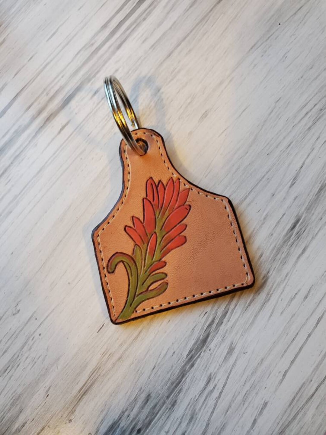 Hand Tooled Leather Keychain Leather Keychain Indian Paintbrush Montana