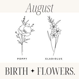 Könnte beinhalten: Schwarz-weiße Illustration von August-Geburtsblumen, Mohn und Gladiole, mit dem Wort "August" darüber. Die Wörter "POPPY" und "GLADIOLUS" stehen unter den Zeichnungen. Der Text "BIRTH + FLOWERS" befindet sich unten.