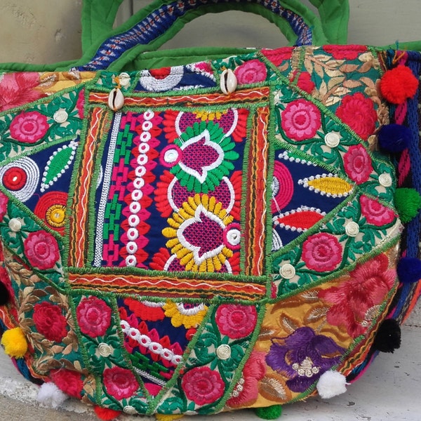 RESERVED FOR DOROTHEA - Flower Print Bag - Pompon Bag, Extra Large Bag, Gypsy Bag, Boho Bag, Mothers Day Gift, Shoulder Bag, Banjara Bag