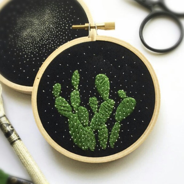 Cactus Under The Stars - Hand Embroidered Art, Embroidery, Hoop Art, Comtemporary Embroidery