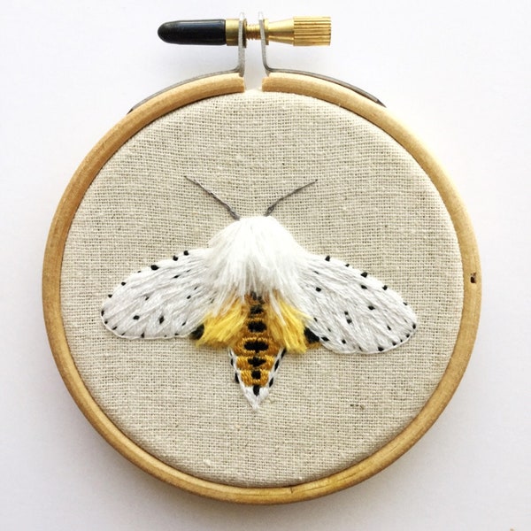 Yellow White Fluffy Moth - Hand Embroidered Contemporary Art, 3D Embroidery, Embroidered Moth Art, Embroidery Art, Needlepainting