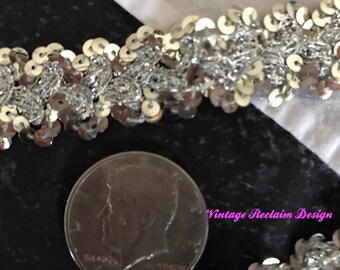 Wholesale Lot—3 yard (9 ft) Vintage Silver Sequin Trim Ribbon—3/4" Wide Elegant Bright Silver sequin scallop—Old Store Stock