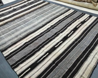 8 x 12.2 Neutral Turkish Flat woven Rug, No Dye Flatweave Carpet , Stripped Flatweaving, Rustic Rug, Farmhouse Rug, Dark Oushak 8x12 rug
