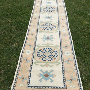May include: A rectangular, cream-colored runner rug with a central design of repeating geometric patterns in shades of blue, brown, and green. The border is a light peach color with a dark blue trim. The rug is placed on green grass.