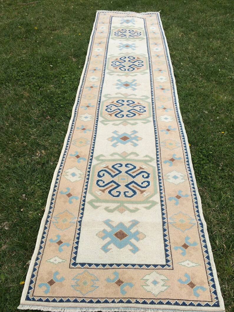 May include: A rectangular, cream-colored runner rug with a central design of repeating geometric patterns in shades of blue, brown, and green. The border is a light peach color with a dark blue trim. The rug is placed on green grass.
