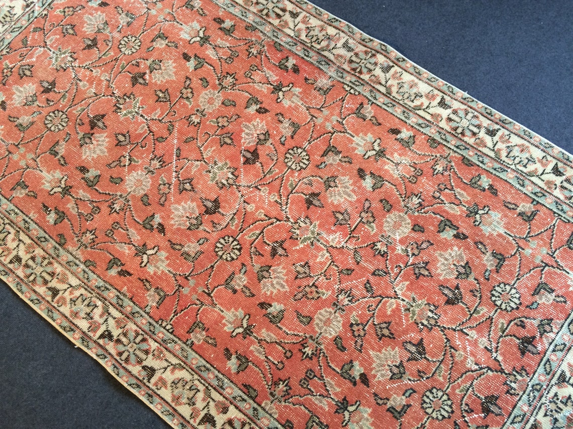 Salmon Color Oushak Rug Boho Floral Rug Vintage Rug Hand Etsy